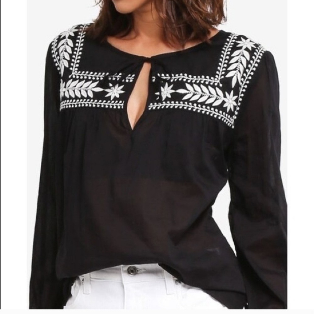 J. Crew Black and White Embroidered Keyhole Tie Neck Boho Peasant Blouse Top M